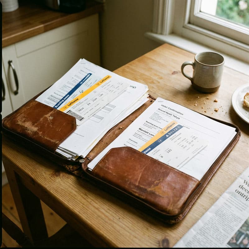 Travel document wallet and phone showing organized documents
